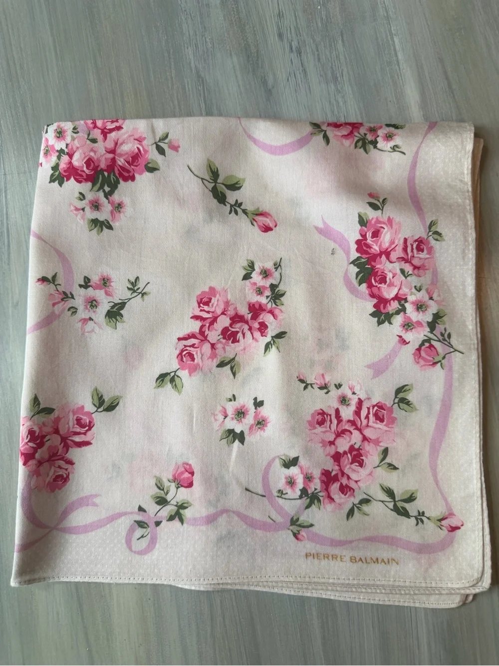 Pierre Balmain Luxury French Fashion House Scarf pink rose & ribbon floral print